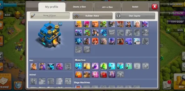 COC205 Maxed TH12 Base 5 Builders Mayan Hero Skins Lv45 King Queen Lv21 Warden Lv20 Royal Champion 159 Gems 